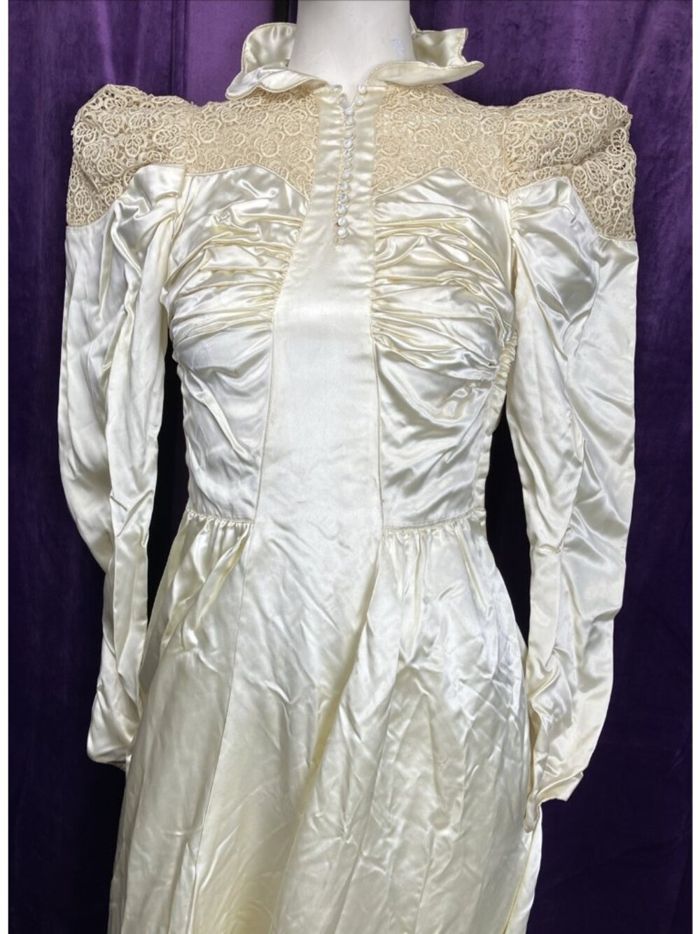 Late 30s 1890s Revival Liquid Satin Wedding Dress Train Puff Shoulder Mutton